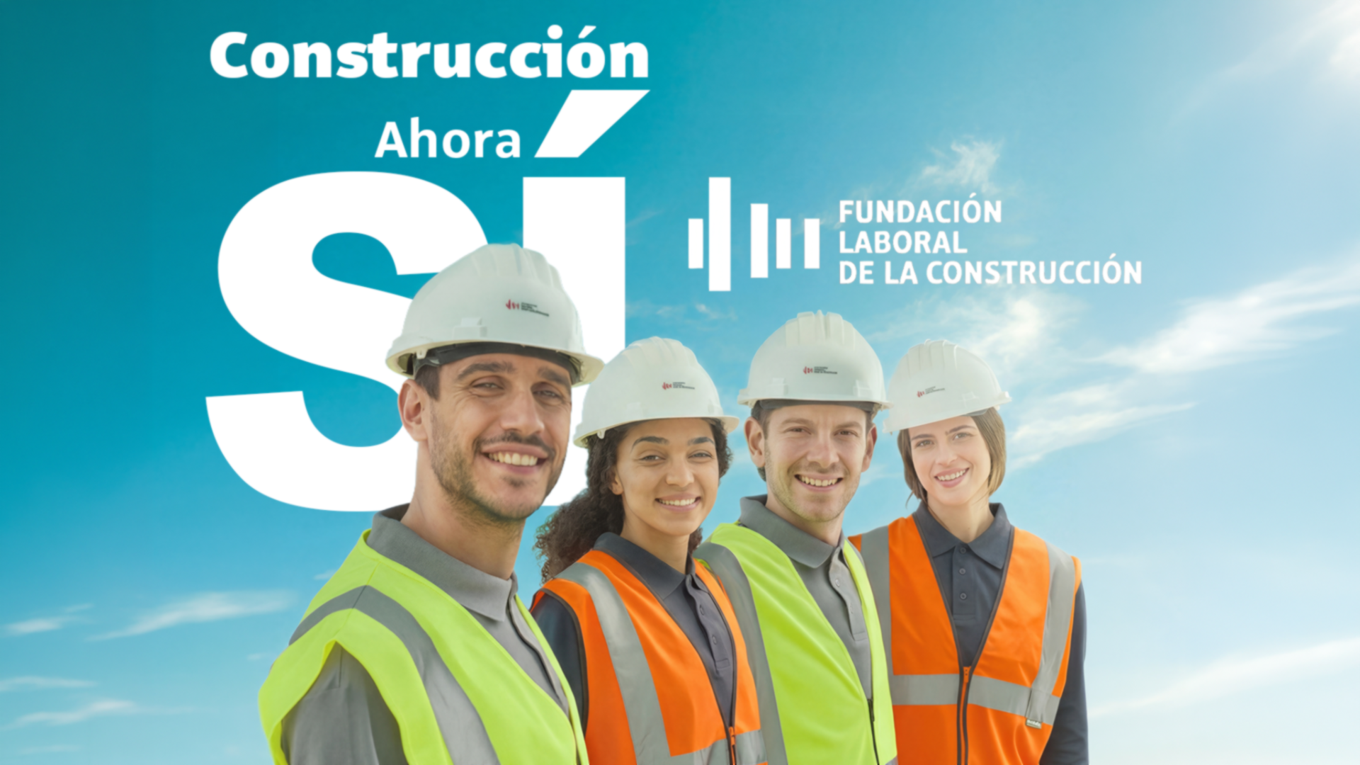 Four construction workers smiling, wearing hard hats and safety vests, against a bright blue sky.